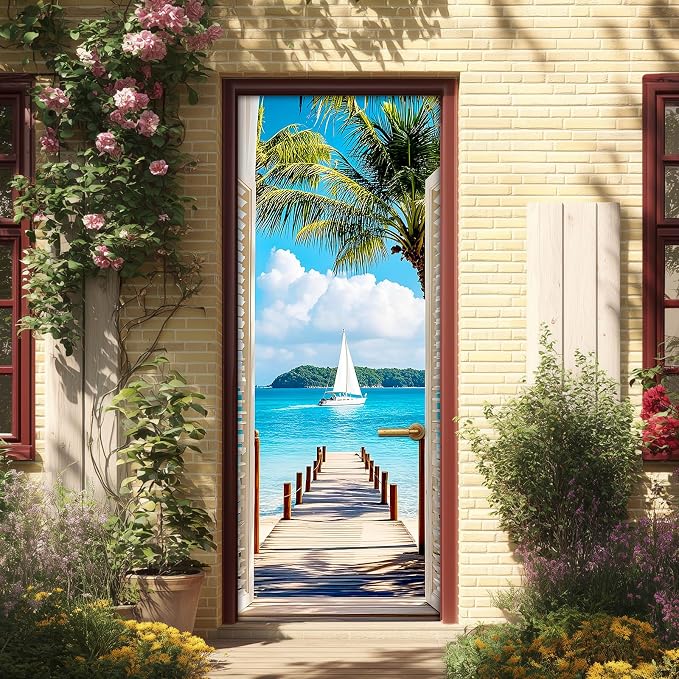 HOMETITUTE Tropical White Shutter Beach Peel Stick Door 30.3x78.7 Vinyl | Wall Cover Poster Decals Removable Wallpaper Self Adhesive Bedroom Livingroom Office - White Shutter by HOMETITUTE
