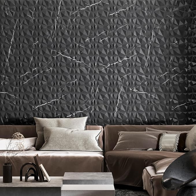 Art3d A10315BM 3D Diamond Design Paneling for Interior Decor, Living Room, TV Wall Background, Bedroom, Gaming Setup, 11.8" x 11.8", Black Marble, 33 Pack - Image 2