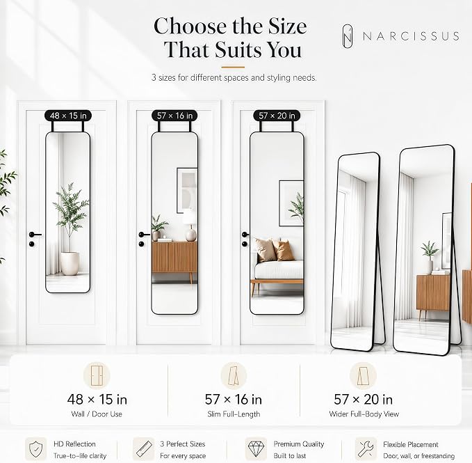 NARCISSUS Full Length Mirror 57x16 Inch, Over The Door Mirror with Stand, Wall Mounted or Freestanding/Door Hanging Full Body, Aluminum Alloy Frame, Black - Image 9