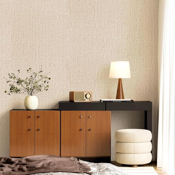 Beige Grasscloth Peel and Stick Wallpaper Textured 15.7in x 157.4in | Faux Linen Wallpaper Peel and Stick Vintage Grasscloth Contact Paper Self Adhesive Removable Contact Paper for Bedroom Vinyl - Image 6