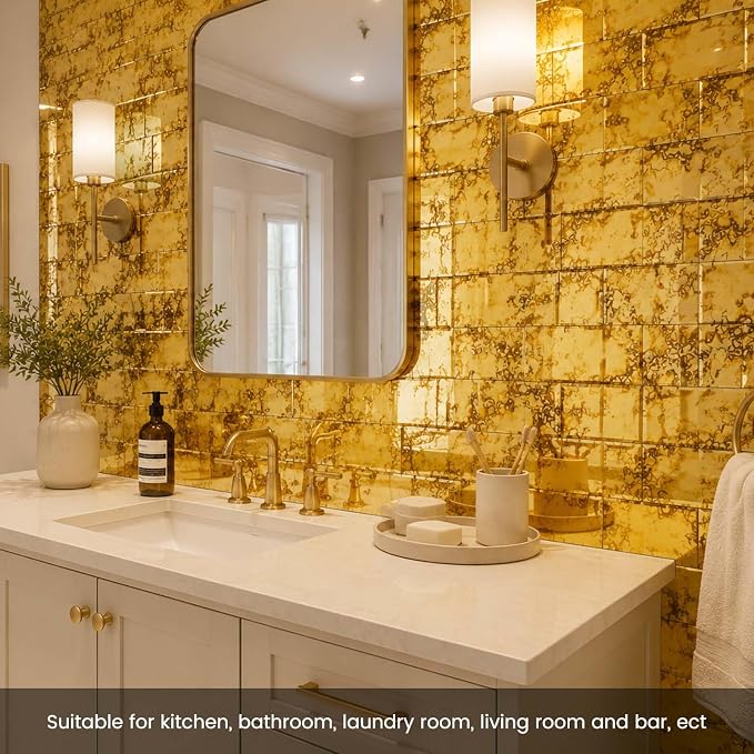 Peel and Stick Gold Dark Antique Mirror Subway Tile 3 x 6 Inch Beveled Mirror Tiles for Kitchen Backsplash Bathroom Wall Pack of 40 Pieces - Image 6