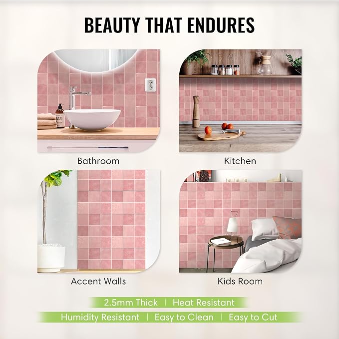 Select 5 Pack Peel and Stick Backsplash Square Tiles, 12x12 in, Pink | Extra Thick 3D Wall Panels, Heat & Water Resistant, Easy DIY Kitchen, Bathroom, Laundry, Fireplace & Rental Home Wall Décor - Image 3