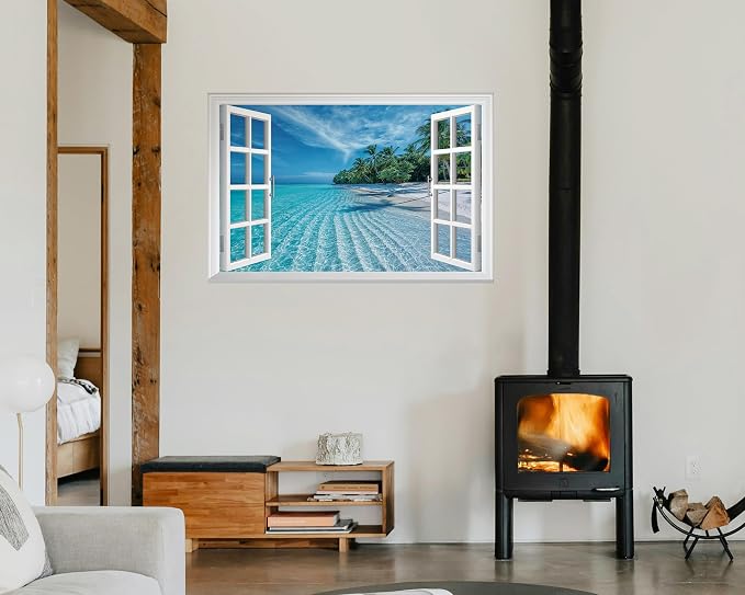 FLFK Fake Window Wall Mural - Summer Beach Faux Window Wall Sticker for Wall Decor, Peel and Stick Wall Decals,48"x32",Set of 2 Sheets - Image 6