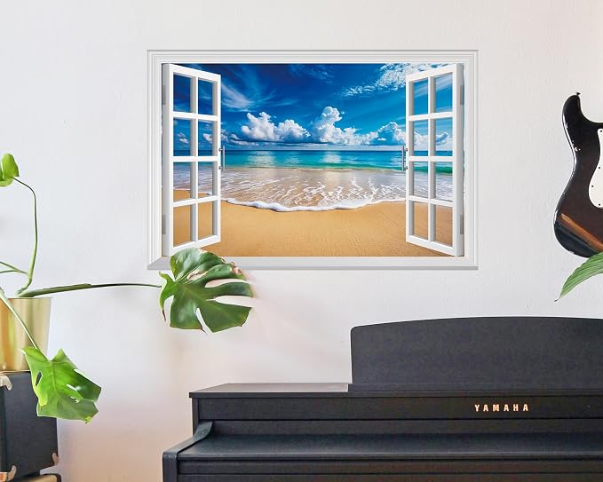 FLFK Fake Window Wall Decal - Ocean Beach Faux Window Wall Mural for Wall Decor, Peel and Stick Wall Sticker,24"x16" - Image 6