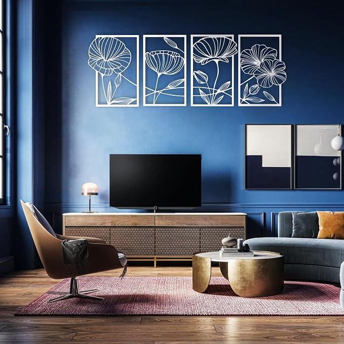ESTART 4Pcs Metal Lotus Wall Decor Abstract Floral Line Art Sculpture | Minimalist Wall Decor for Bedroom Flowers Hanging Wall Sculpture for Living Room Kitchen Office and Yoga Room (White) - Image 4
