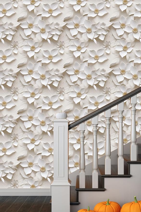 Peel and Stick Wallpaper Cream White Floral Feature | Cream floral wallpaper with raised 3D flower texture for elegant accent walls, bedrooms and modern home decoration. by WEISENI