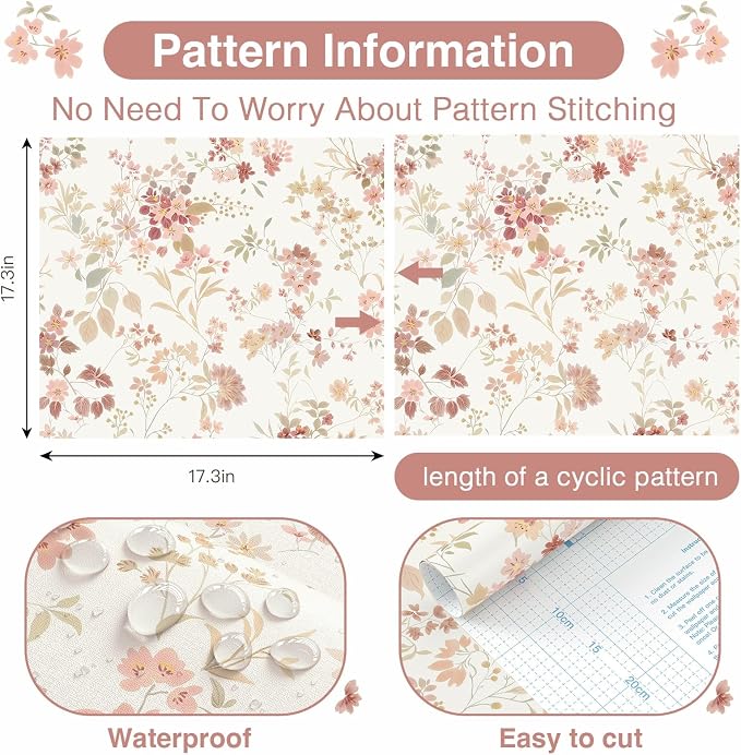 Dimoon Boho Peel and Stick Wallpaper Pink Floral Contact Paper 17.3x78.7in |Vintage Flower Leaf Botanical Renter Friendly Removable Self Adhesive Stick on Wall Paper Decor for Bathroom Bedroom Vinyl - Image 3