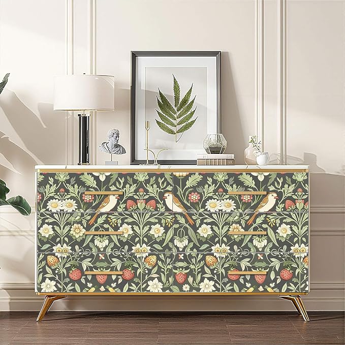 Vintage Wallpaper William Morris Botanical Peel and Stick Wallpaper | Dark sage background with wildflower, bird & strawberry print, removable waterproof vinyl wall covering, bedroom accent decor - Image 2