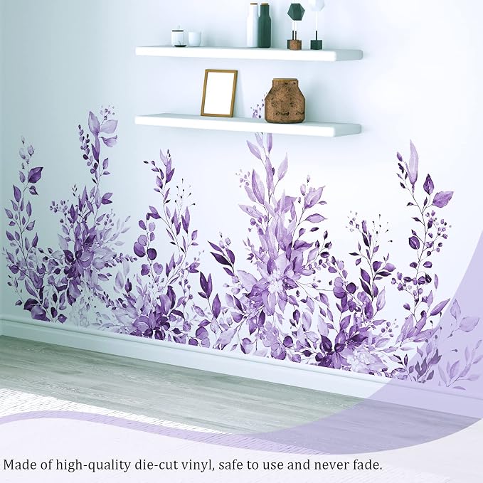 Purple Plants Leaves Wall Decals Peel and Stick, Large Floral Flowers Wall Stickers, Removable Vine Home Decor Art for Bedroom Living Room Classroom Office - Image 6