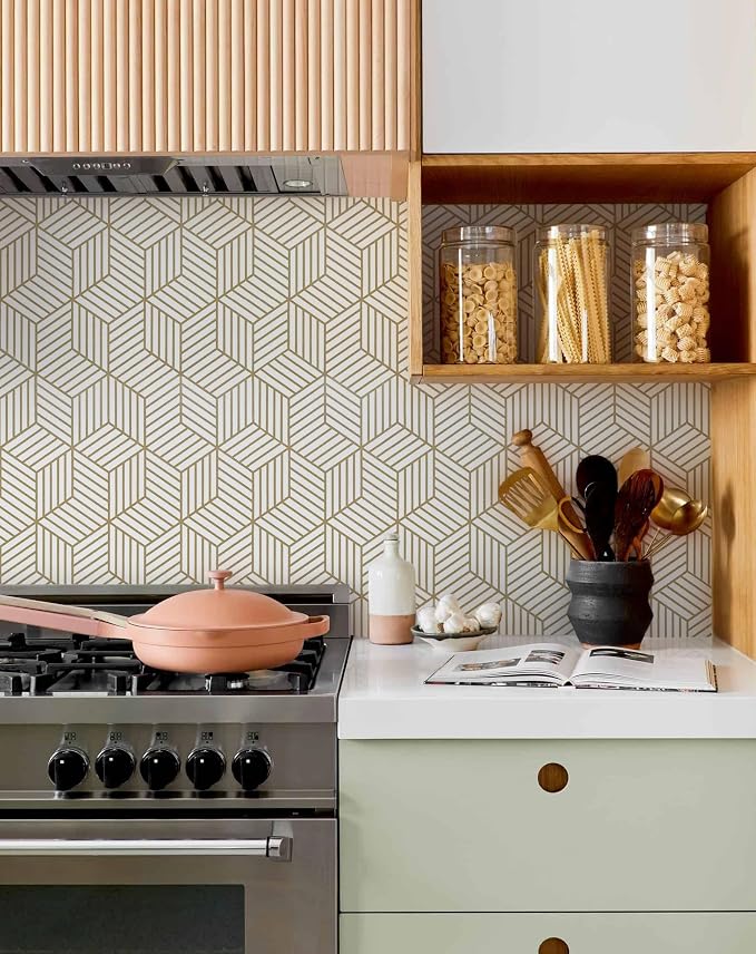 MelunMer Geometric Contact Paper Peel and Stick Wallpaper Gold 17.7”×118” | Self Adhesive, Removable Wallpaper for Bedroom/Bathroom Waterproof, Modern Contact Paper for Cabinets Liner Easy to Install - Image 7