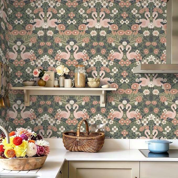 Heroad Vintage Peel and Stick Wallpaper 17.3''X 385'' Floral Flamingo Contact Paper Sage Green William Morris Wall Paper Removable Renter Friendly Wallpaper for Bedroom Nursery Farmhouse Vinyl Rolls - Image 2