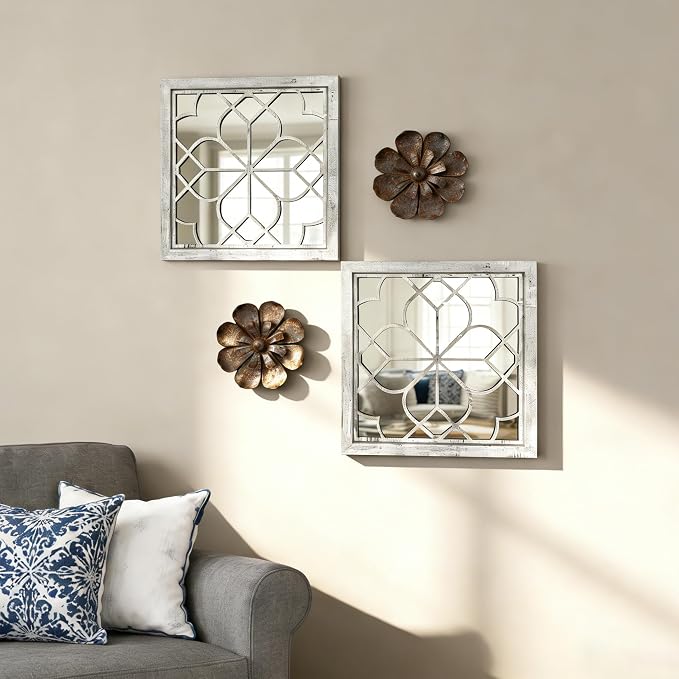 Set of 2 18 Inch Large Square Grey Window Pane Wall Mirrors, Shatterproof Rustic Farmhouse Boho Vintage Accent Mirrors for Living Room, Bedroom, Bathroom, Entryway & Home Decor - Image 3