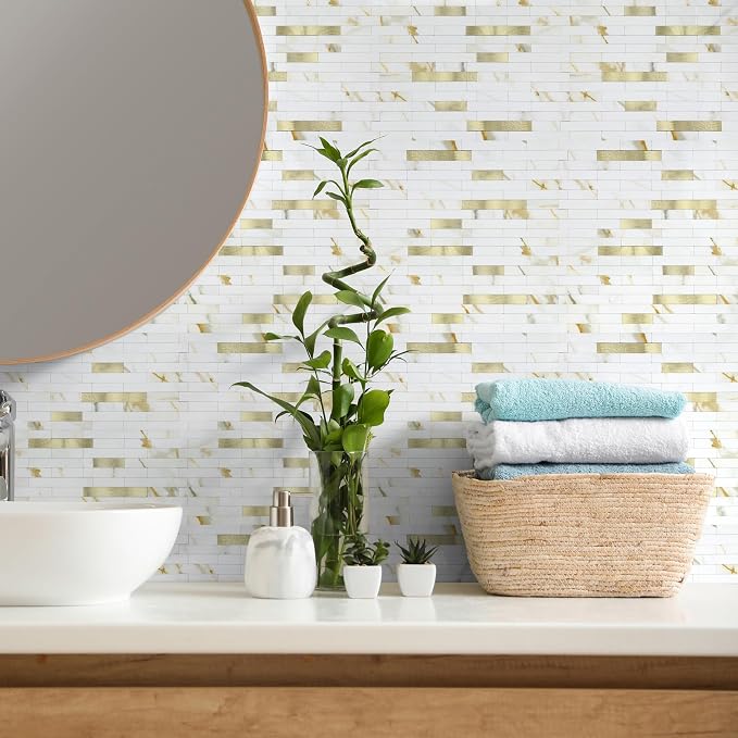 20 - Sheet Peel and Stick Backsplash Wall Tile, PVC Kitchen Backsplash, Stick on Tiles for Backsplash Kitchen (12'' X 12'', White with Gold) - Image 3
