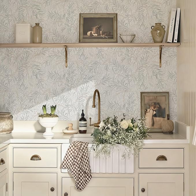 Ismoon Boho Wallpaper Peel and Stick Dusty Green Botanical Wallpaper 17.3in x32.8ft Neutral Leaf Removable Waterproof Green Contact Paper for Bedroom Kitchen Renter Friendly Wall Decor Vinyl - Image 5