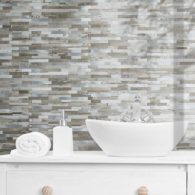 AULIGET Peel and Stick Backsplash, Coffee & Brown Wood Look PVC Mixed Metal Stick on Bathroom Backsplash, 2 - Image 6
