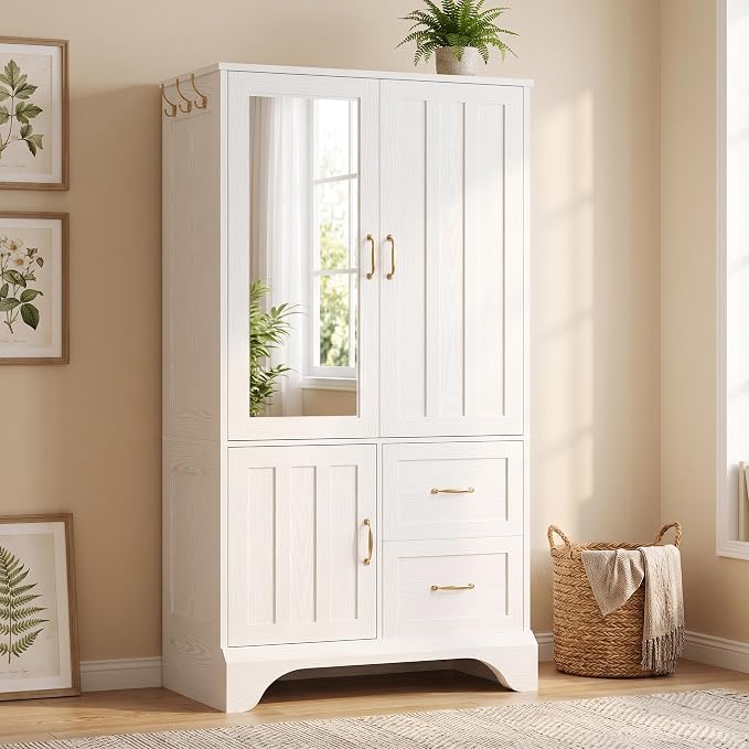 LIKIMIO Armoire Wardrobe with Mirror, 3-Door Hanging Rod & Drawers by LIKIMIO
