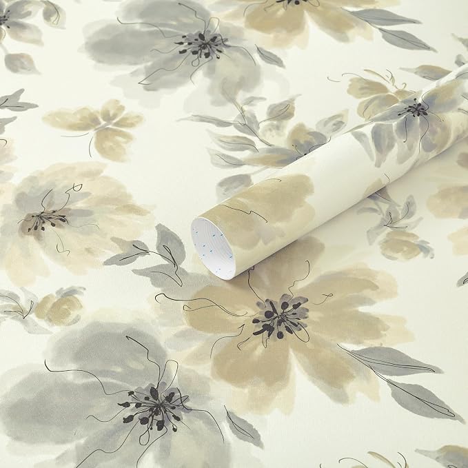 Floral Peel and Stick Wallpaper Vintage Wall Paper Neutral 17.3"×394" | Flower Contact Paper Beige Boho Wallpaper Slef Adhesive Removable Wall Paper Vinyl Waterproof for Living Room Bathroom by Guvana