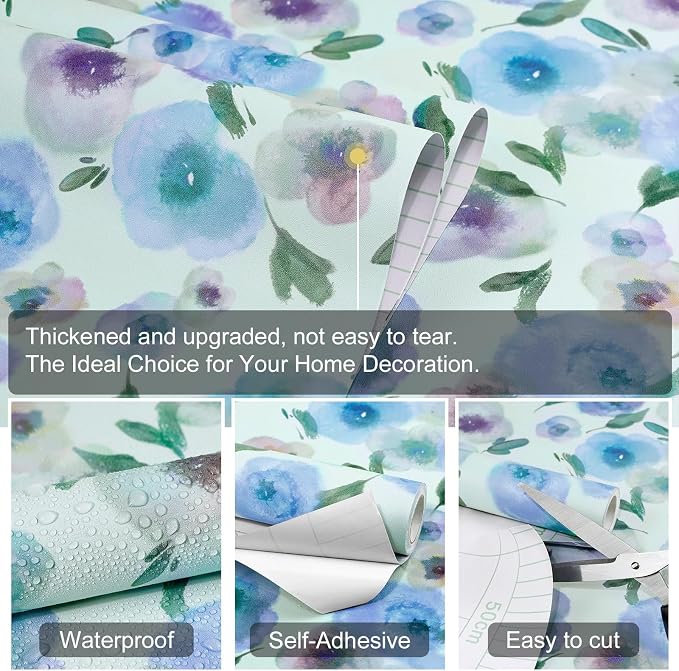Blue Purple Watercolor Floral Peel and Stick Wallpaper, 17.3" x 472" Soft Pastel Flower Removable Vinyl Wallpaper, Waterproof Self-Adhesive Vintage Floral Contact Paper for Nursery Bedroom Cabinets - Image 3