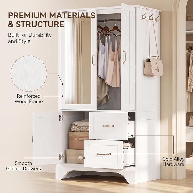 LIKIMIO Armoire Wardrobe with Mirror, 3-Door Hanging Rod & Drawers - Image 5