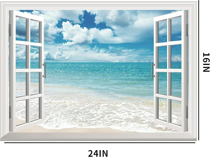 FLFK Fake Window Wall Sticker - Summer Beach Faux Window Wall Mural for Wall Decor, Stick and Peel Wall Decals,16"x24" - Image 2