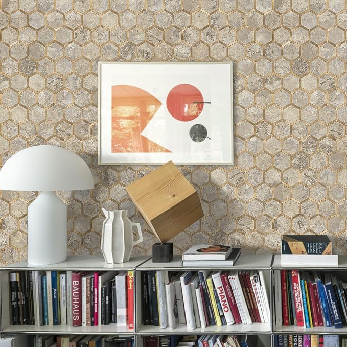STICKGOO Hexagon Peel and Stick Backsplash Tile, Stick on Backsplash for Kitchen and Bathroom, Stone Beige PVC Mixed Metal Gold Self Adhesive Wall Tiles(10 Sheets, Seamless) - Image 5