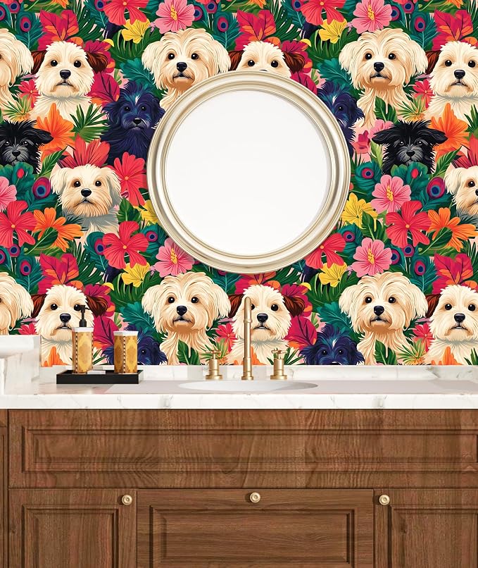 BOKEBEVE Dogs Floral Wallpaper Peel and Stick Boho Colorful 17.5 x 118In | Removable Self Adhesive Renter Friendly Vintage Floral Wall Paper for Bedroom Bathroom Cabinet Drawer Accent Wall - Image 2