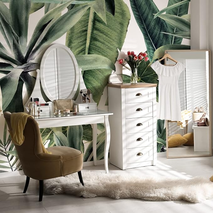 Tropical Green Peel and Stick Wall Mural for Bedroom | 92"x125", Large White Background Tropical Green Wallpaper, Removable Leather Textured & Water-Resistant, Old Wall Makeover by Flortlias