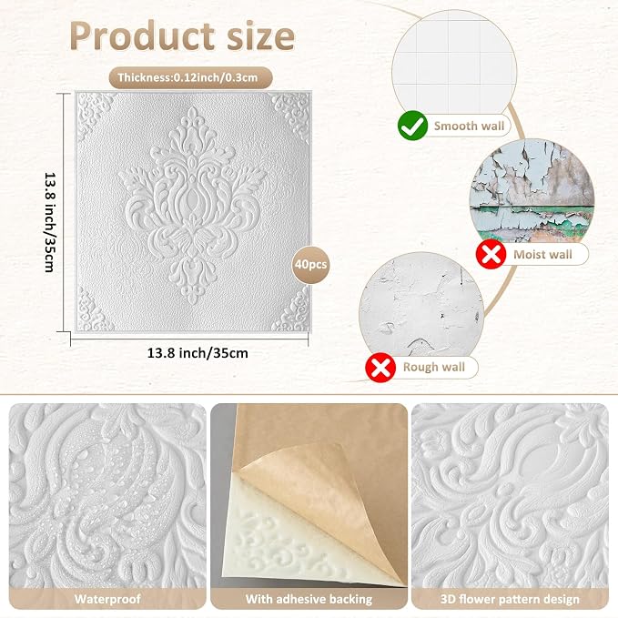Nuanchu 40 Pcs 13.8 x 13.8 Inch Ceiling Tiles Peel and Stick, Retro | Foam White 3D Wall Panels 26-105.5 Sq. ft Adhesive Glue up Waterproof Wallpaper for DIY Office Home - Image 2