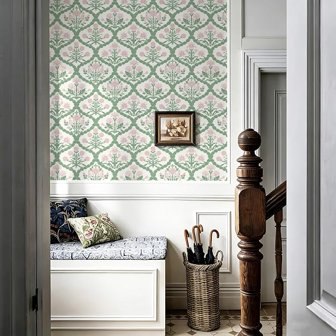 17.3" x 590.5" Pink Peel and Stick Wallpaper, Rattan Weaving Floral Wallpaper Farmhouse Wall Paper Morris Style Removable Self Adhesive Bathroom Bedroom Thicken - Image 7