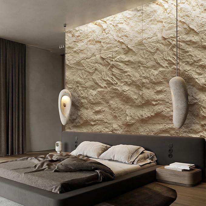 KASARO 3D Faux Stone PU Wall Panels, 4 Pack Stone Texture Golden Hemp | Thicker PU wainscoting panels with realistic stone texture for accent walls, home & office decor, easy install, 43.3" x 23.6" - Image 2