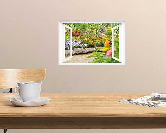 Fake Window Decal - 24"x16" Vinyl Wall Art | Garden Flower Scene Mural Sticker | Peel & Stick Removable Decor - Image 5