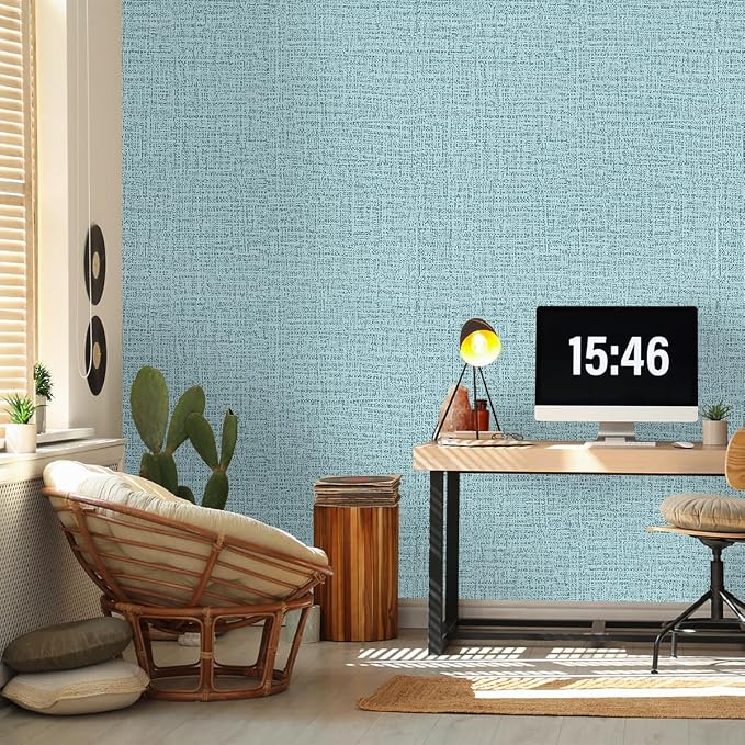 Teal Wallpaper Grasscloth Peel and Stick Wallpaper 17.7in x 118in | Faux Linen Vintage Wallpaper Textured Removable Wall Paper Grass Cloth Cabinets Bedroom for Cabinet Self Adhesive Vinyl - Image 4