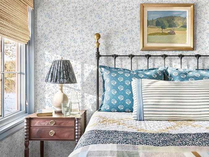 Peel and Stick Wallpaper for Nursery Blue Cherry Blossom Waterproof | 78.7"×17.3" Blue Floral Watercolor Wallpaper Gentle Accent Wall Decor with Grid Lines for Bedroom Vinyl Self-adhesive - Image 7