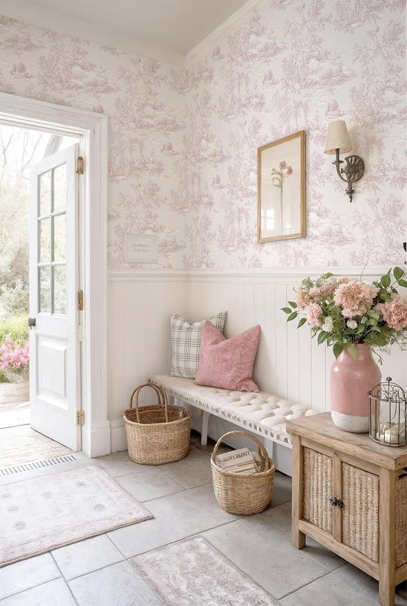 Toduso Peel and Stick Wallpaper Vintage Wallpaper Pink Removable Wall Paper Toile Self-Adhesive Waterproof Tree Contact Paper for Bedroom Living Room Cabinets Decoration Thicken Vinyl 17.3" x 78.7" - Image 7