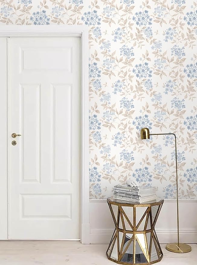 Heroad Boho Floral Wallpaper Blue/Beige Peel and Stick Wallpaper Neutral Leaf Contact Paper Removable Self Adhesive Wall Paper for Cabinet Bedroom Bathroom Waterproof Decor Vinyl Roll 17.3''x78.7'' - Image 8