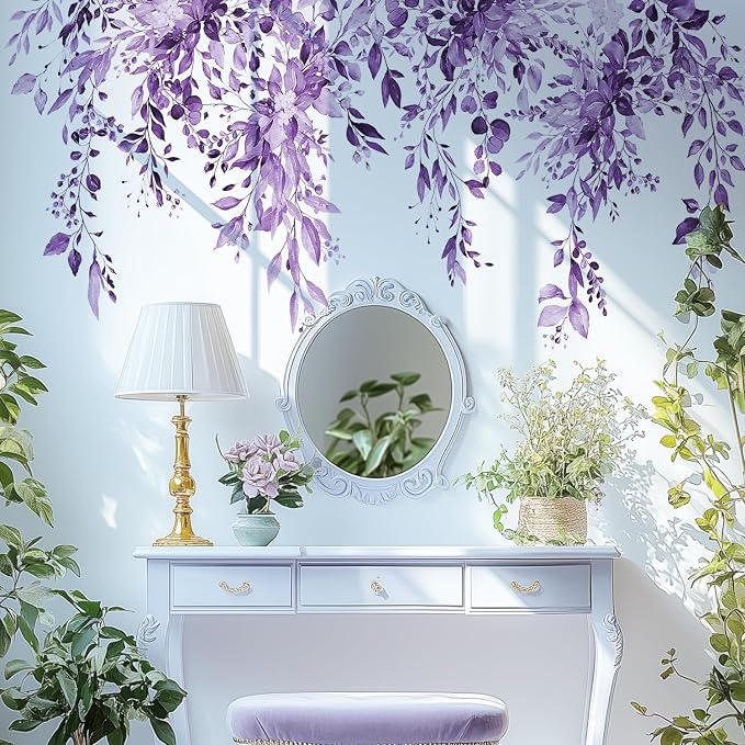 Purple Plants Leaves Wall Decals Peel and Stick, Large Floral Flowers Wall Stickers, Removable Vine Home Decor Art for Bedroom Living Room Classroom Office - Image 8
