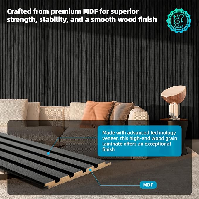 Art3d Wood Slat Wall Panels, Fluted MDF, 6-Pack, 94.6 x 7.4 in, Matte Black | 3D Textured Panels for Accent Walls, Ideal for Living rooms, Bedrooms, Offices, Entryways and Studios - Image 2