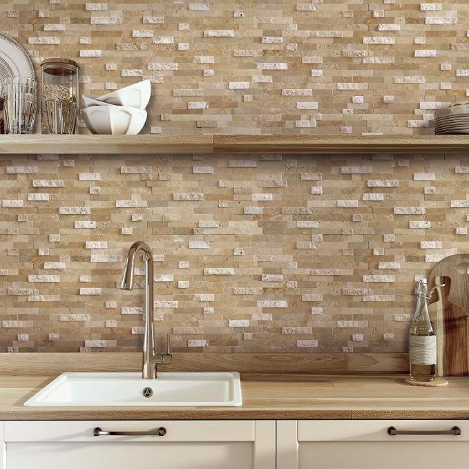SUNWINGS 5-Sheet Peel and Stick Mosaic Natural 3D Stone Self Adhesive Marble Tiles, 11.5" x 10.7" Stick on Backsplash for Kitchen Bathroom Fireplace Vanity, Beige - Image 4