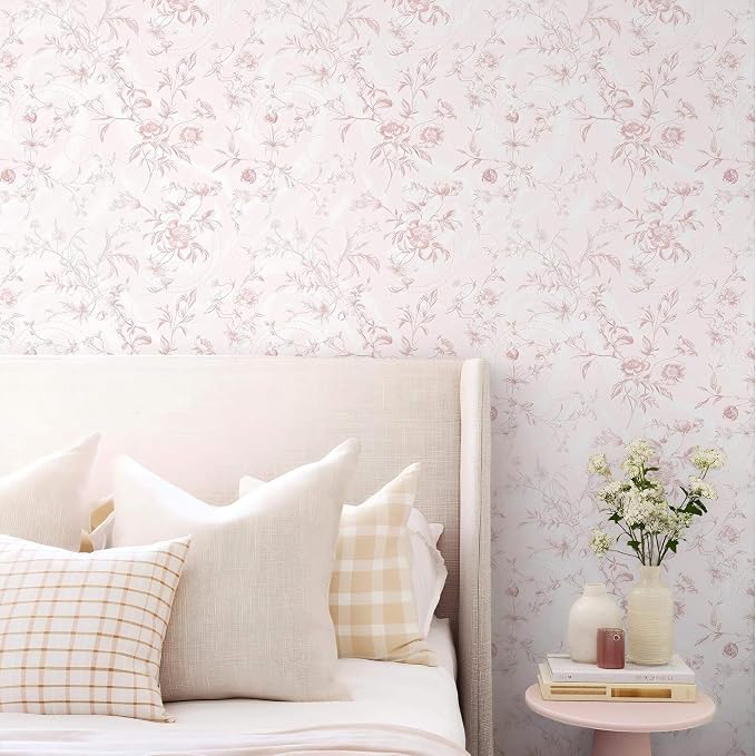 Ismoon Floral Wallpaper Peel and Stick Pink Stick on Wall Paper Vintage French Contact Paper for Cabinet Textured Removable Self Adhesive Wallpaper Vinyl Roll Shelf Deco, 17.3x787in - Image 2