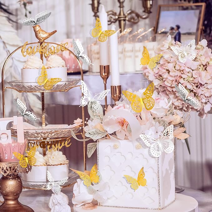 SAOROPEB 3D Butterfly Wall Decor 48 Pcs 4 Styles 3 Sizes, Butterfly Birthday Decorations Party Decorations Cake Decorations Wedding Decor, Removable Stickers (Gold, Silver) | 4 Styles 3 Sizes, Party Decorations Birthday Cake Decorations Wedding Decor, ... - Image 3