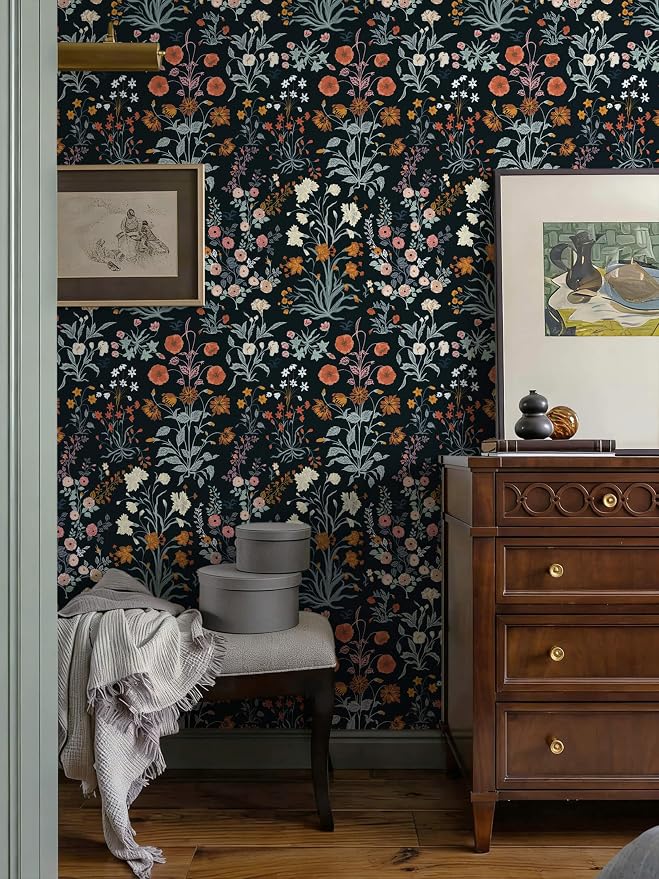 Floral Peel and Stick Wallpaper Vintage Wallpaper Dark Blue Wall Paper Wildflower Contact Paper for Cabinets Vinyl Renter Friendly Waterproof Self-Adhesive Bathroom Kitchen Bedroom 1.44’x 32’ - Image 3