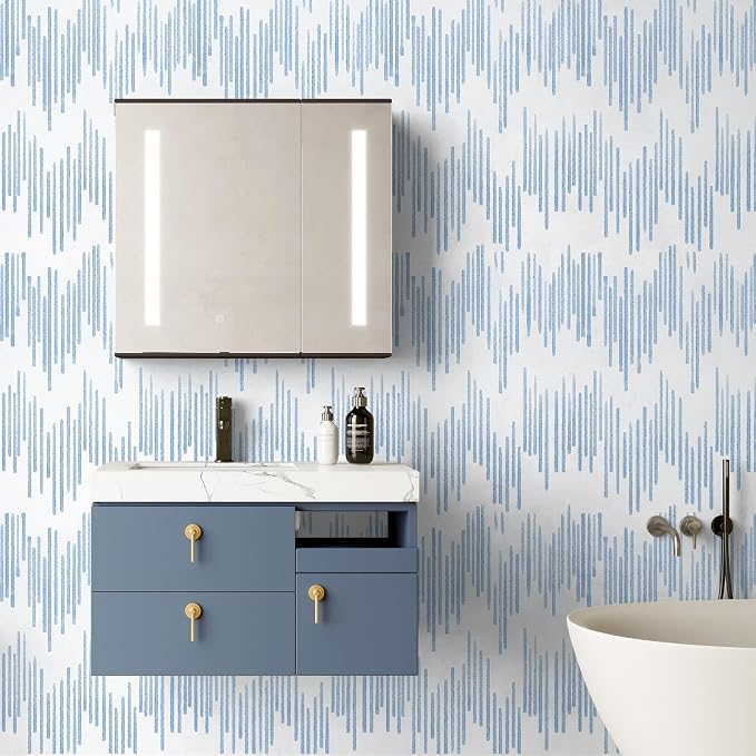 WENMER Blue Striped Wallpaper, Geometric Peel and Stick Wallpaper, 17.7''×394'' Blue and White Contact Paper, Self Adhesive Removable Wall Paper for Bathroom Cabinets Kitchen - Image 8