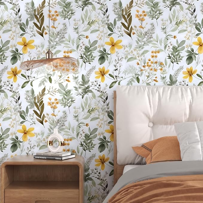 Laatse Vintage Green Yellow Wild Floral Botanical Wallpaper 17.5"x787" | Self Adhesive/Removable/Waterproof/Thick Vinyl Extra Long Contact Paper for Bathroom Bedroom Shelf Cabinet Drawer,Prepasted - Image 5