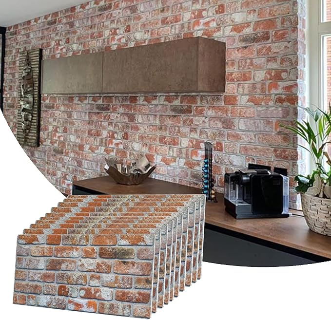 Dundee Deco 3D Wall Panels Faux Brick - Cladding, Red Grey Brown Stone Look Wall Paneling, Styrofoam Facing for Living Room, Kitchen, Bathroom, Balcony, Bedroom, Set of 10, Covers 53 sq ft by DundeeDeco
