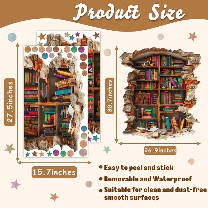 Vintage Read Book Wall Stickers 3D Broken Wall Library Decal Peel and Stick | Reading room art murals, read sign, removable vinyl wallpaper, bookshelf bookcase decoration, for school classroom home decor - Image 2