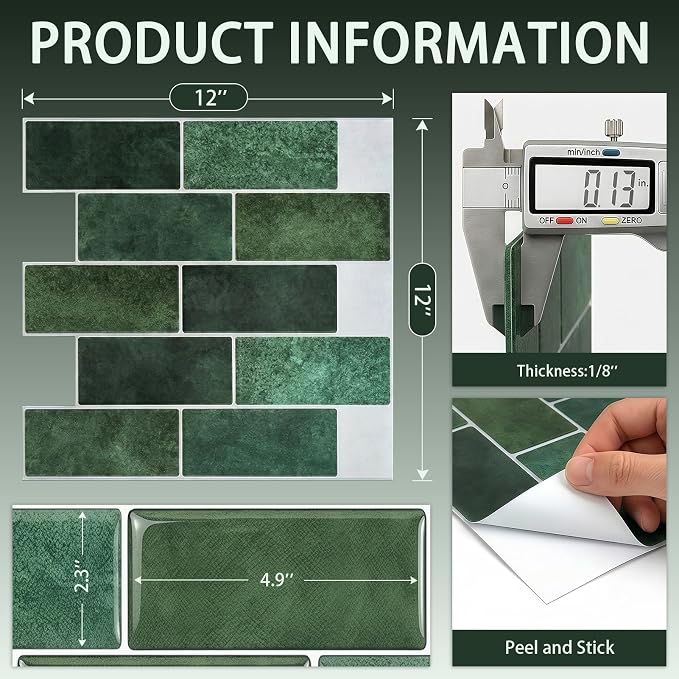 Arttown Peel and Stick 3D Wall Backsplash, 20-Sheet, 12" × 12" Green | Subway Tiles Self Adhesive Thicker Design Wall Tile Panel Wallpaper for Kitchen Bathroom Balcony Rental Housing - Image 3
