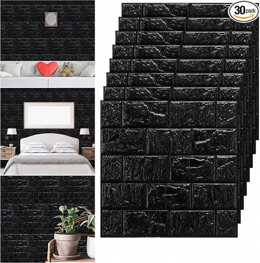 Tinlade 30 Pcs 3D Wall Panels Peel and Stick Wallpaper Foam, Black | Faux Brick Stone Tiles, Covering 28.8-48.4 Sq ft, Self Adhesive Waterproof Panels for Bedroom Living Room Kitchen Walls by Tinlade