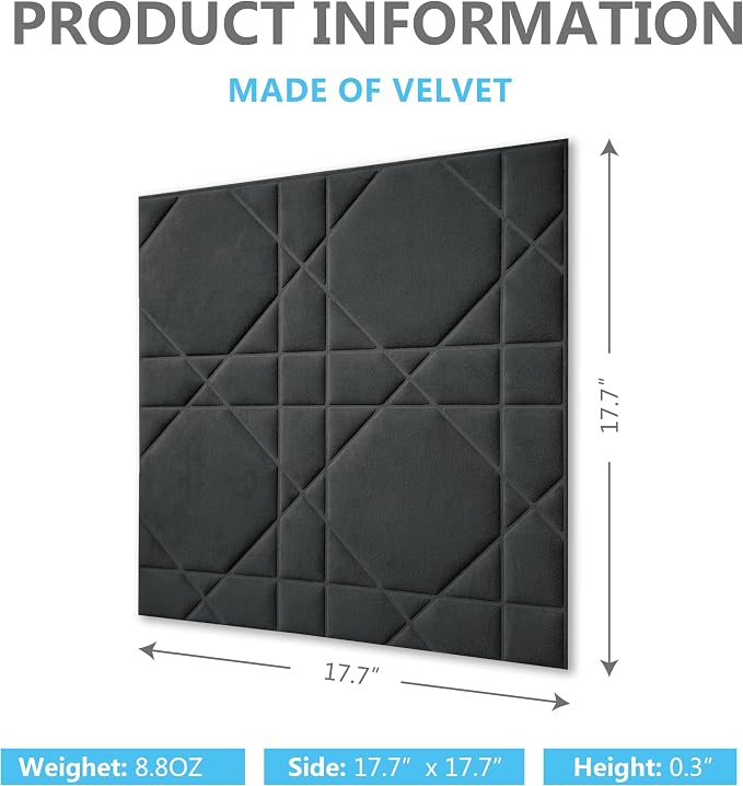 Velvet 3d wall panels for Interior wall Decor peel and stick, Soundproof Geometric Textured 3d Wall Panels for Living Room, Bedroom, TV Background Black 17.7" x 17.7", Covers 26.15 Sq.Ft. 12pcs - Image 2