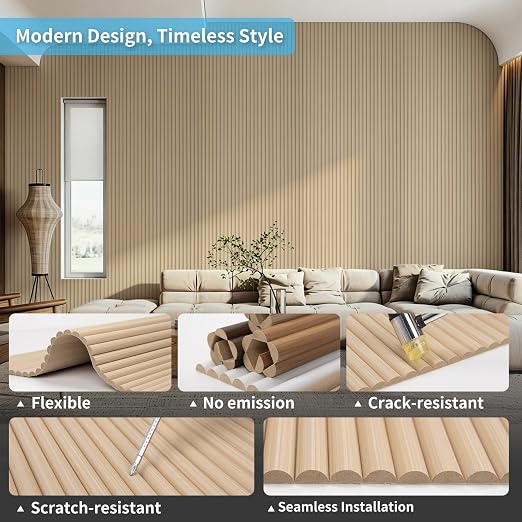Art3d Roll-Flat Beaded Wood Slat Wall Panel, 2-Pack, 94.5" x 23.6", Ashtree | Flexible, Durable, Crack Resistant, Glue on, Easy to Install, for New Home Buyer, Future Mover to Upgrade Office, Living Room - Image 5