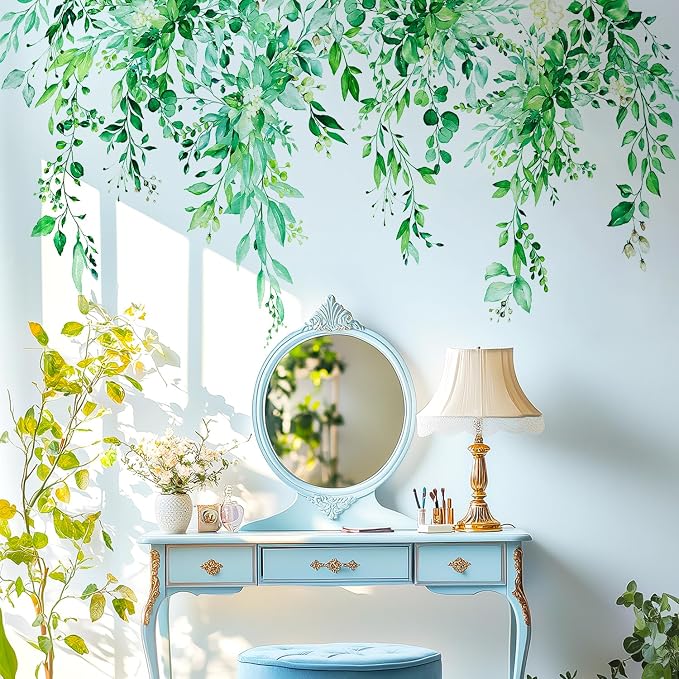 Emerald Green Plants Leaves Wall Decals Peel and Stick, Large Floral Flowers Vinyl Wall Stickers, Removable Vine Home Decor Art for Bedroom Living Room Classroom Office by VePret